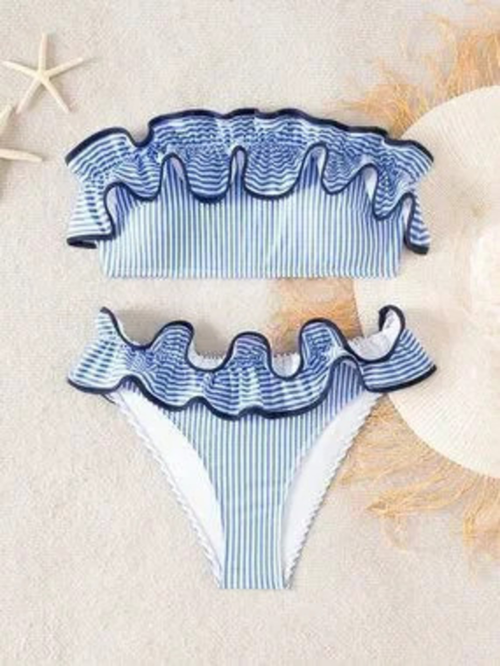 ZARA Blue And White Women's Beach Vacation Striped Strapless Bikini Wear Set